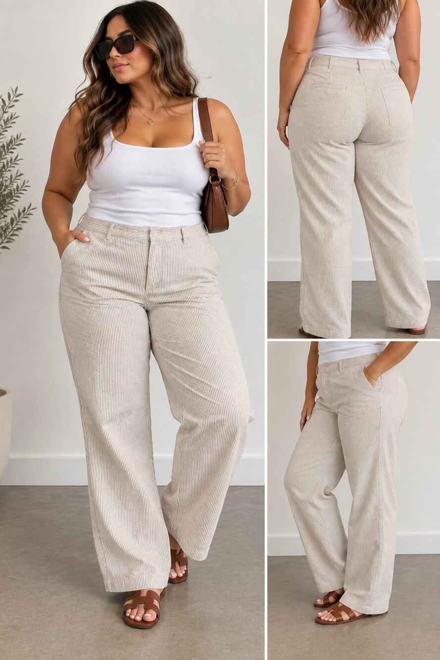 Lauren Ralph Lauren Seersucker Pants Size 16 Beige White Stripe Cotton